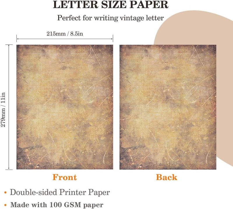 WLXTREE Vintage Printer Paper,Stationery Paper 8.5 x 11,Antique Old Fashion Looking Classic Aged Look Designs Paper for Writing Letters Scroll Printing Typewriter Resume Map,50 Sheets Brown - Image 2